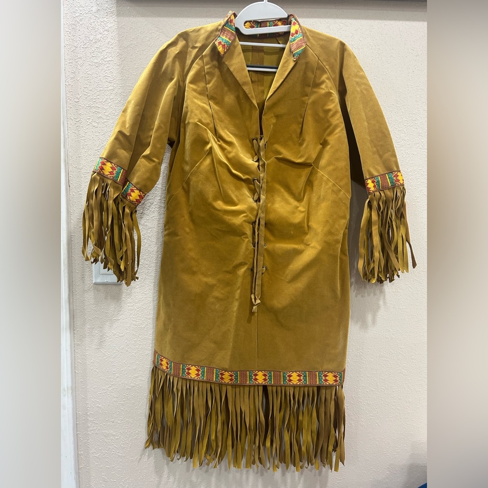 Vintage Handmade Fringed Native American Dress with Patterned Trim. Faux Suede